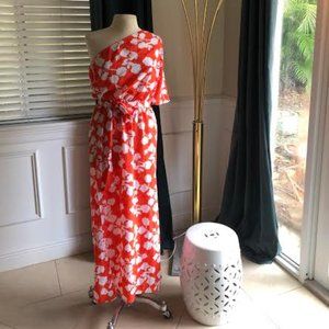 One Shoulder Orange and White Floral Dress